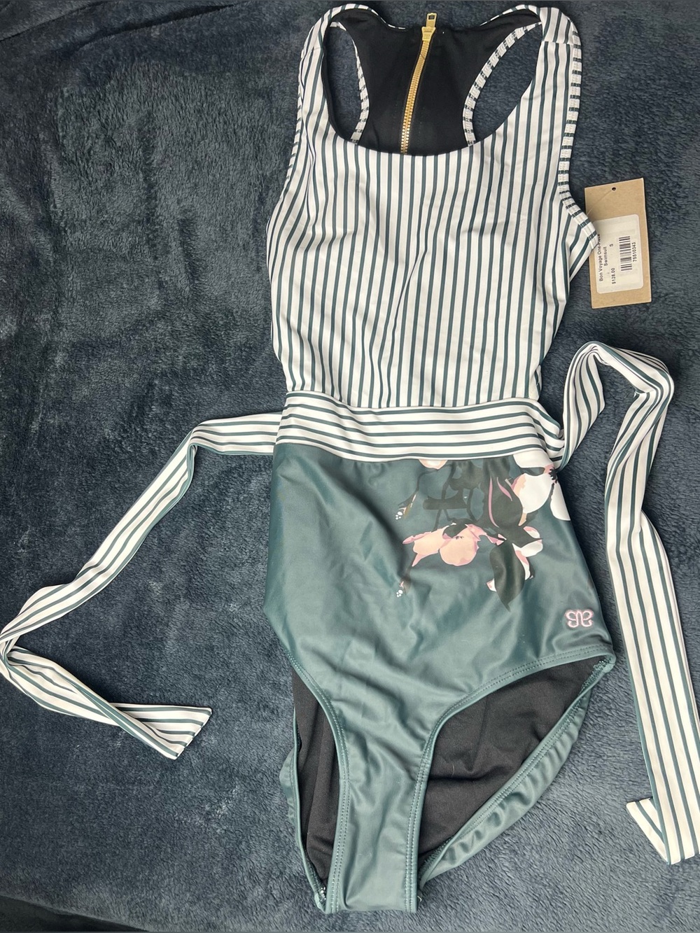 Albion Striped and Teal Floral One-Piece Swimsuit with Tie-Waist